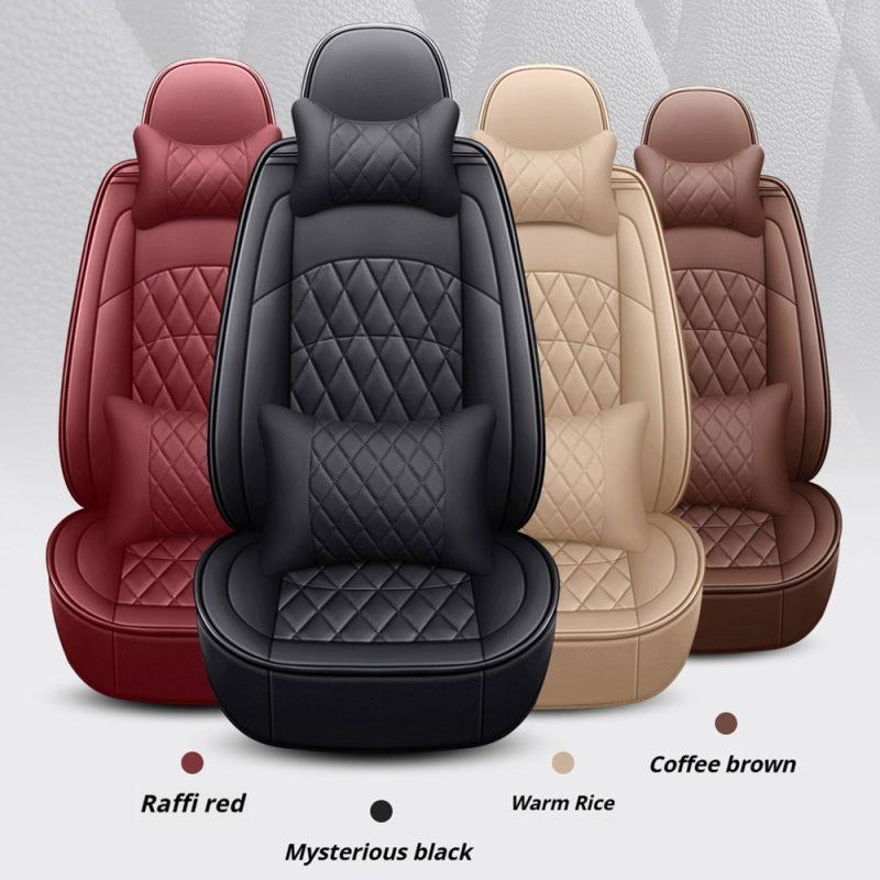 Luxury Leather & Breathable Woven-Carpet Hybrid Car Seat Covers – VIP Set (With Neck & Lumbar Pillows)